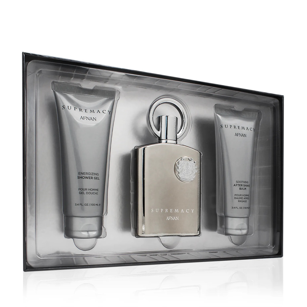 Afnan Supremacy Silver gift set for men eau de parfum 100 ml + shower gel 100 ml + aftershave balm 100 ml