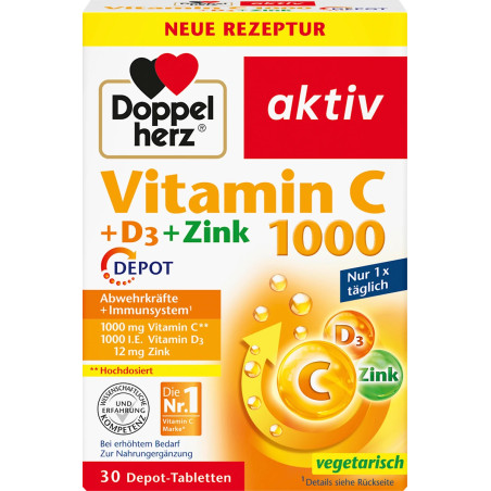 Doppelherz Vitamin C 1000 + D3 + Zink Depot Tabletten 30 St, 42,9 g