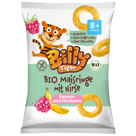 Billy Tiger Corn Rings with millet, banana and raspberry, from 8 months 25 g / 0.88 oz