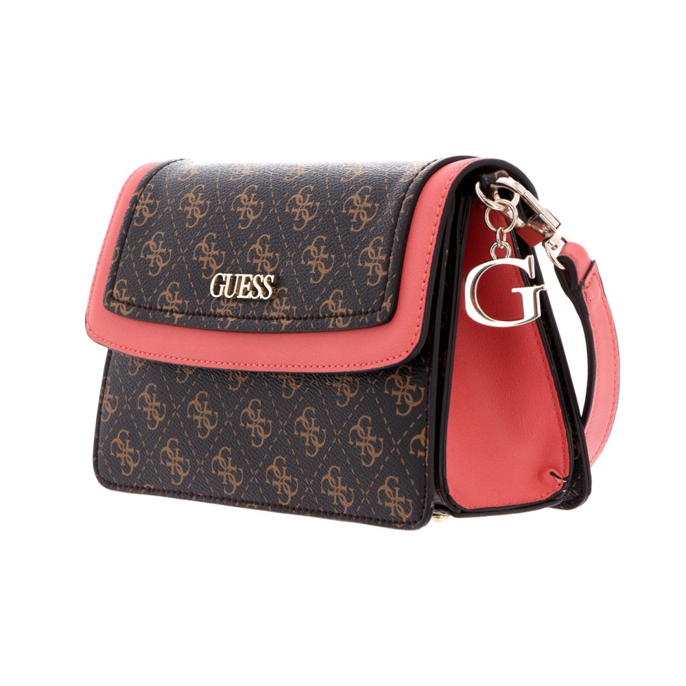Guess, Camy, Synthetic Leather, 4G Logo, Textile Crossbody Bag, Coral/Brown, For Women